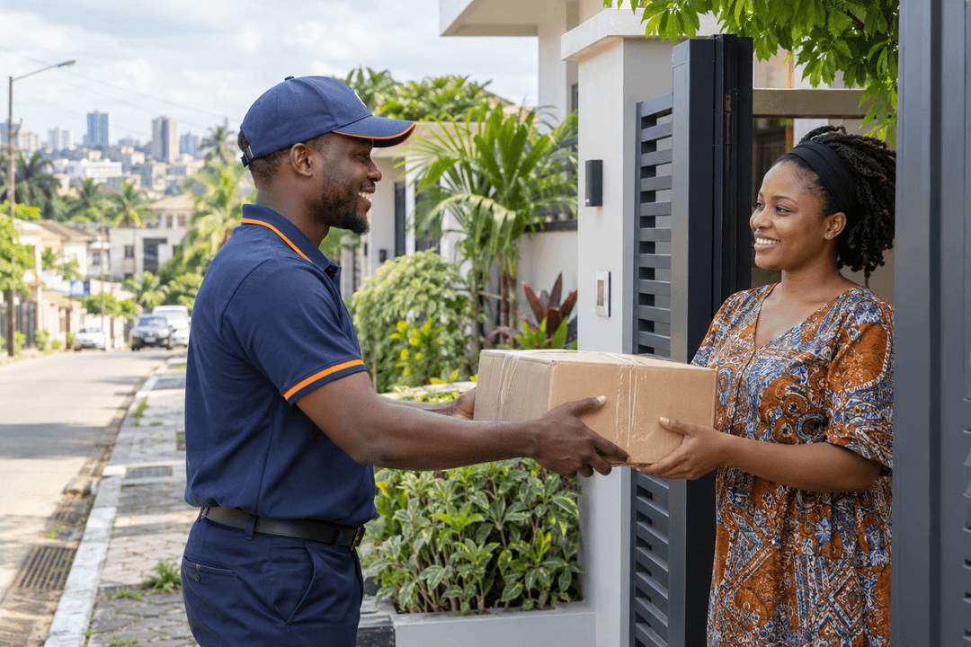 Un livreur remet une commande à une cliente à Douala